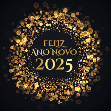 Cartão ou banner para desejar um feliz ano novo 2025 em ouro em um círculo composto por círculos dourados com efeito bokeh em um fundo preto	
	
