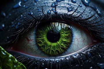 close up of a green eye with water drops on it - obrazy, fototapety, plakaty