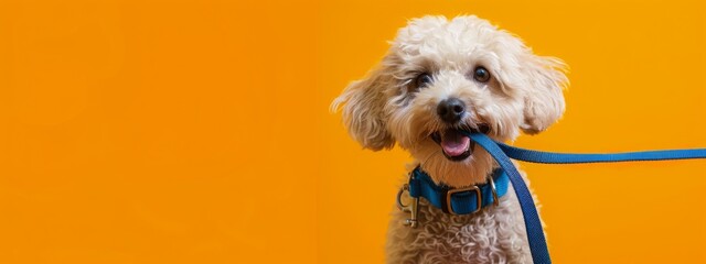 Adorable poodle holding a leash in its mouth, ready for a walk, against a bright orange background, showcasing playfulness and anticipation. Concept of pets, playfulness, and companionship.
