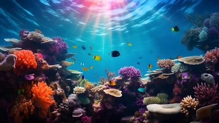 Gordijnen Underwater panorama of coral reef and tropical fish. Seascape © Iman