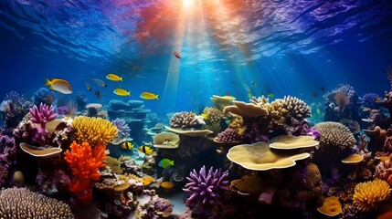 Naklejka na ściany i meble Underwater panorama of a coral reef with tropical fish and rays of light