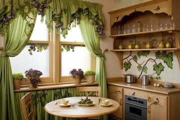 Green Vine-Patterned Kitchen Curtains: Grape and Vine Decor on Light Beige Walls
