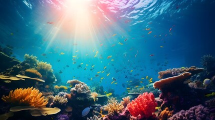 Fototapeta na wymiar Coral reef and tropical fish. Underwater panoramic view.