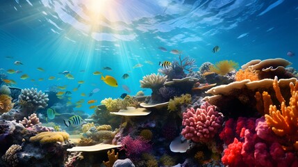 Obraz na płótnie Canvas Underwater panorama of tropical coral reef with fishes and sunlight.