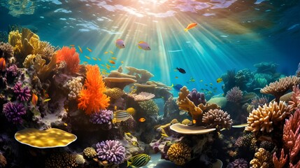 Obraz na płótnie Canvas Underwater panorama of coral reef with fishes and corals at sunset