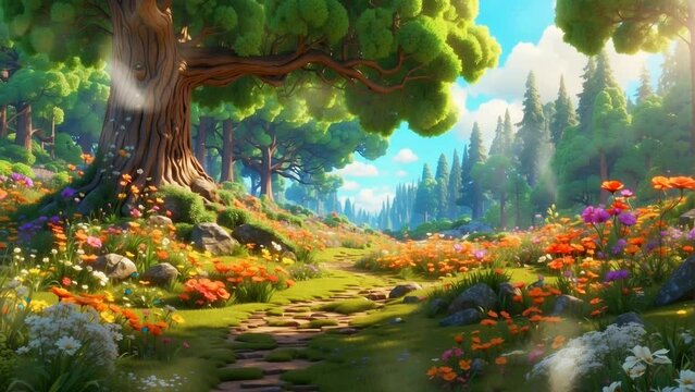 a forest full of trees, flowers and grass. cartoon style, Seamless looping 4k video animation.