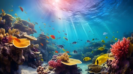 Naklejka na ściany i meble Underwater panoramic view of coral reef and tropical fish.