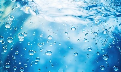 Water surface texture with bubbles and splashes that is defocused blurring transparent blue in color. Trendy abstract background of nature