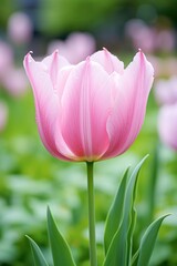 a pink tulip with green leaves
