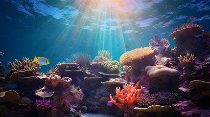 Gordijnen Underwater panorama of coral reef with fishes and corals. © Iman