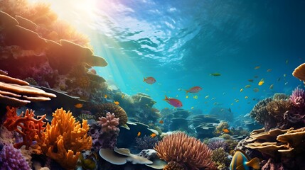 Underwater panoramic view of coral reef with fish and sunlight