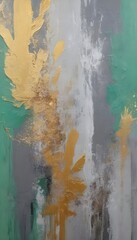 a textured background and golden brushstrokes on an abstract creative background. Canvas coated in oil. Contemporary Art. Wallpapers, cards, murals, carpets, hangings, prints, and floral, green, and g