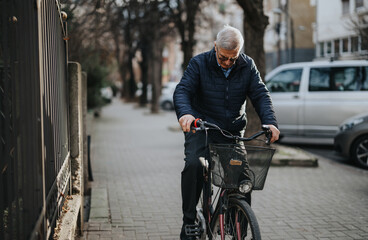 An elder gentleman cycling casually down a tree-lined urban street, embodying an active and healthy...