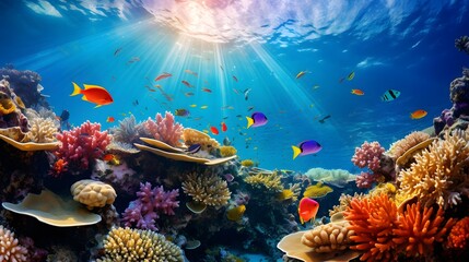 Fototapeta na wymiar Underwater panorama of coral reef with fishes and tropical fish.