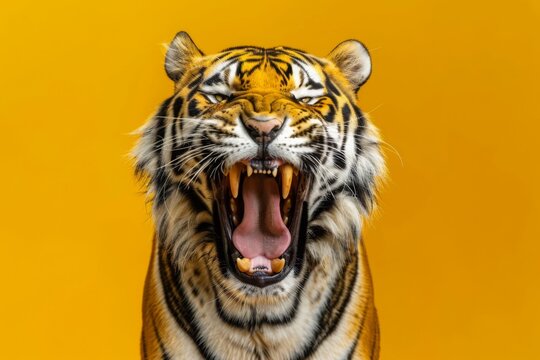 Roaring big tiger on bright yellow background with copyspace. Angry big cat, aggressive jaguar attacking. Backdrop with animal for poster, print, card, banner 