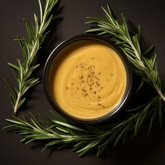 a bowl of soup surrounded by rosemary