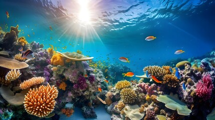 Underwater panorama of a tropical coral reef with fish and sunlight - obrazy, fototapety, plakaty