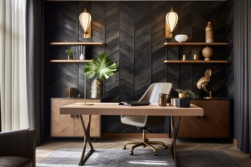Modern Lighting and Wave-Patterned Tiles: Clutter-Free Desk Inspirations for a Home Office with a Feature Wall