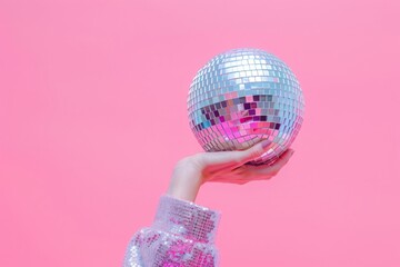 Hand holding a disco ball with pink background, portraying a fun and retro vibe for party and celebration themes
