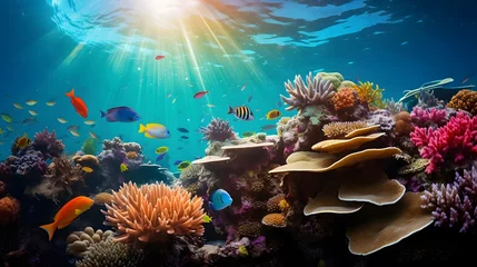 Foto op Aluminium Underwater panorama of coral reef and tropical fish with sunlight. © Iman