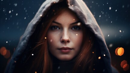 a woman with red hair and hood