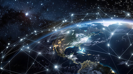 
The image depicts a digitally enhanced view of Earth with illuminated network lines connecting various points