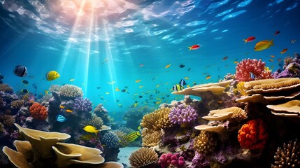 Fototapeta na wymiar Coral reef and tropical fish. Underwater panoramic view.