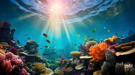 Gordijnen Underwater panoramic view of coral reef and tropical fish. © Iman