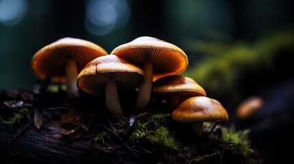 Fototapeta premium a group of mushrooms growing on a log