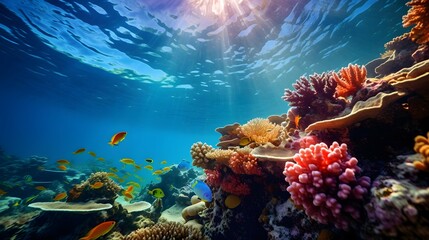 Underwater panorama of coral reef and tropical fish. Seascape.