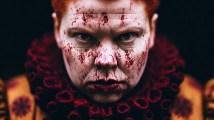 a person with red hair and blood on their face - obrazy, fototapety, plakaty