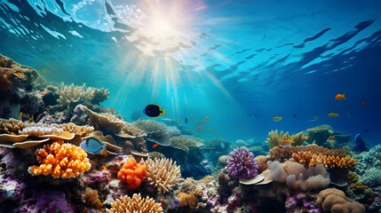Fototapeta na wymiar Underwater panorama of coral reef and tropical fish. Seascape.