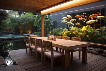 Minimalist Dining Area with Koi Pond Designs, Wooden Tables, and Fabric Chairs