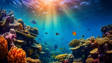 Fototapeten Coral reef and tropical fish. Underwater panoramic view. © Iman