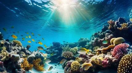 Foto op Plexiglas Underwater panorama of coral reef with fishes and corals. © Iman