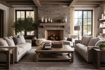 Cushioned Seating Harmony: Neutral Colored Rustic Living Room