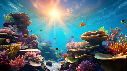 Underwater panorama of coral reef with fishes and tropical fish. - obrazy, fototapety, plakaty