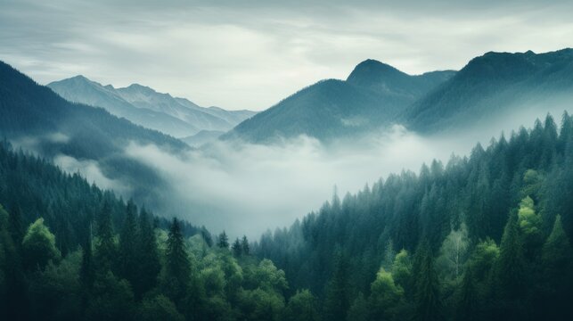 Fototapeta a foggy mountain range with trees and mountains