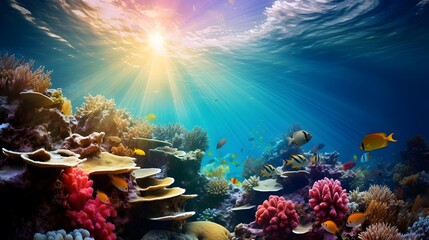Underwater panorama of coral reef and tropical fish at sunset.