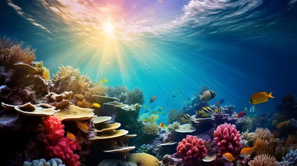 Fototapeten Underwater panorama of coral reef and tropical fish at sunset. © Iman