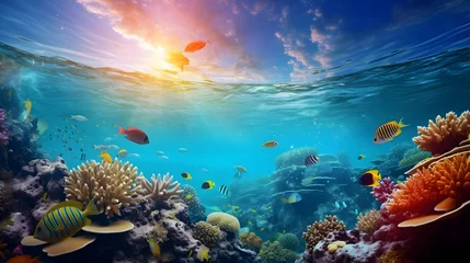Foto auf Acrylglas Underwater panoramic view of coral reef and tropical fish. © Iman