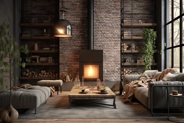 Foto op Canvas Retro Lighting Fixtures, Cozy Fireplace Inspiration in a Living Space with Exposed Brick Wall © Michael