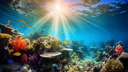 Underwater panorama of tropical coral reef with fishes and sunlight.