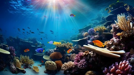 Fototapeta na wymiar Underwater panorama of coral reef with tropical fishes and corals