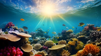 Panorama of beautiful coral reef with fishes and seaweed at sunset