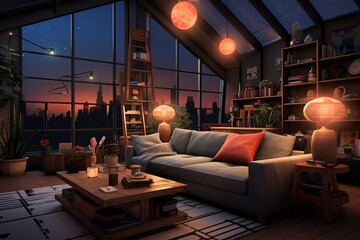 Augmented Reality Living: Cozy Couch, Pendant Lights, and Tech Galore Design - obrazy, fototapety, plakaty