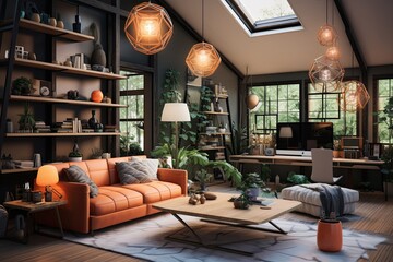 Augmented Reality Abode: Cozy Couch, Pendant Lights, and Tech Galore Living Spaces - obrazy, fototapety, plakaty