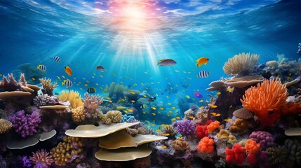 Underwater panoramic view of coral reef and tropical fish. - obrazy, fototapety, plakaty