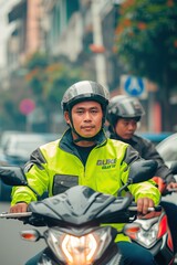 Obraz premium an Indonesian men working as online motorcycle taxi driver in green color safety driving clothing