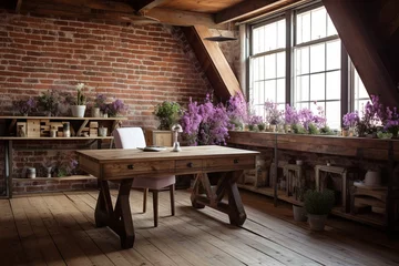 Foto op Canvas Reclaimed Wood Desks in Lavender and Rose Planter Loft: Exposed Brick Interior © Michael